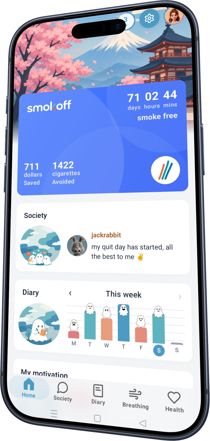 Smokoff home screen on iPhone: smoke-free timer, money saved and daily progress