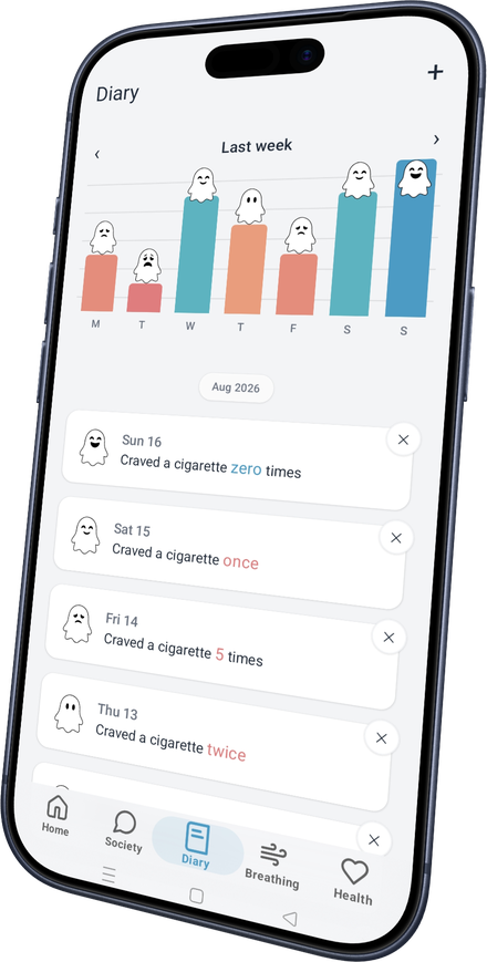 Smokoff diary on iPhone: entries with mood and cravings for the week