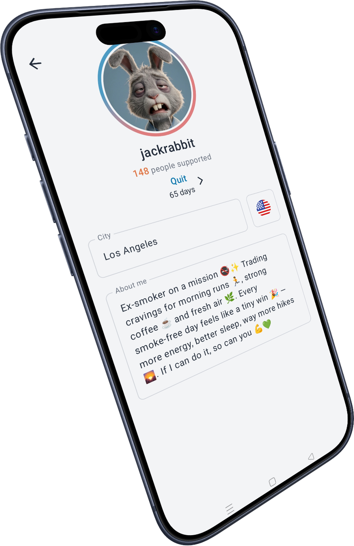 Smokoff profile on iPhone: nickname, avatar, quit streak and about-me